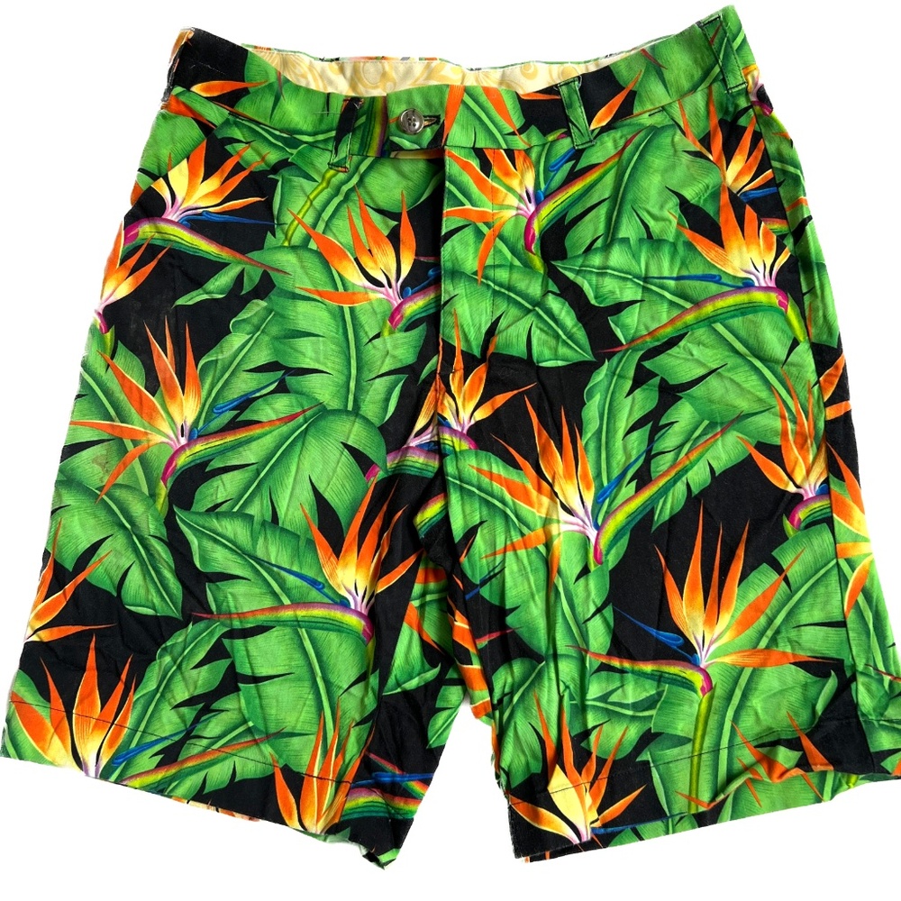 Loudmouth Golf Shorts Mens 32 Floral Green Orange Bird of Paradise Inseam 11"